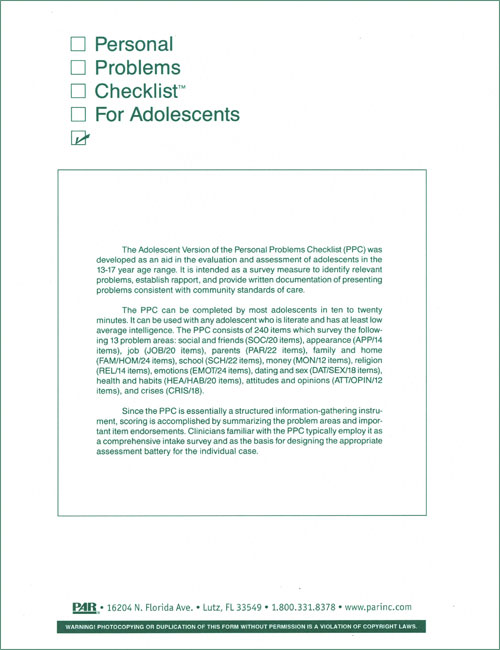 (image for) Personal Problems Checklist for Adolescents