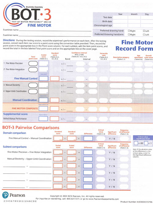 (image for) BOT-3 Fine Motor Record Form Qty 25