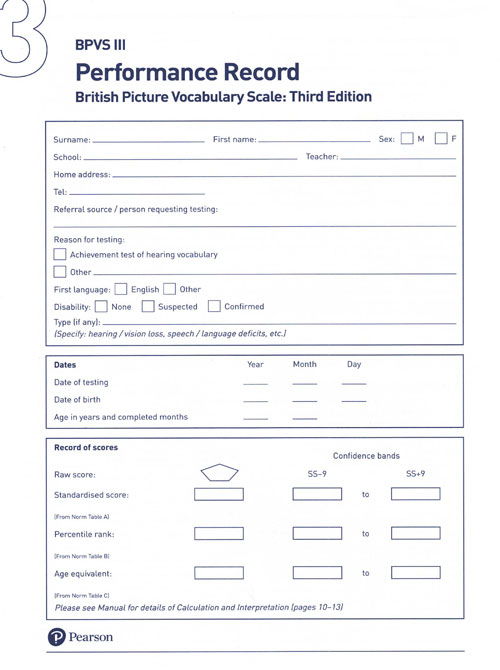 (image for) BPVS3 - Record Forms Qty 10