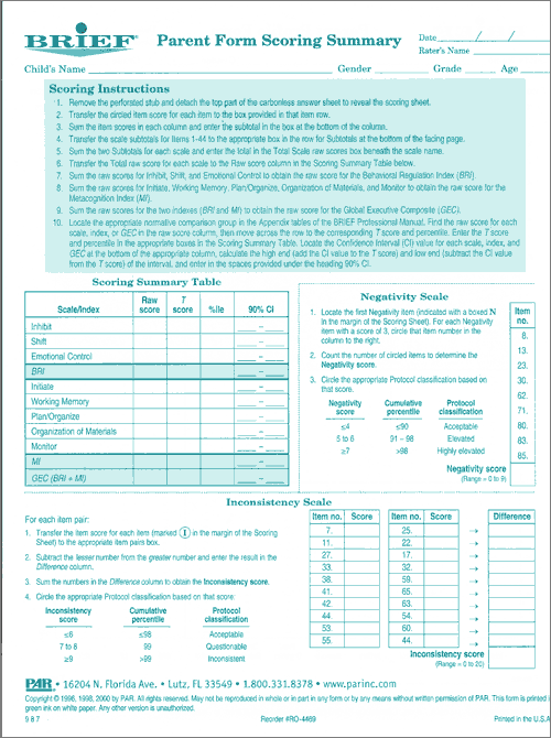 (image for) BRIEF Parent Form Scoring Summary