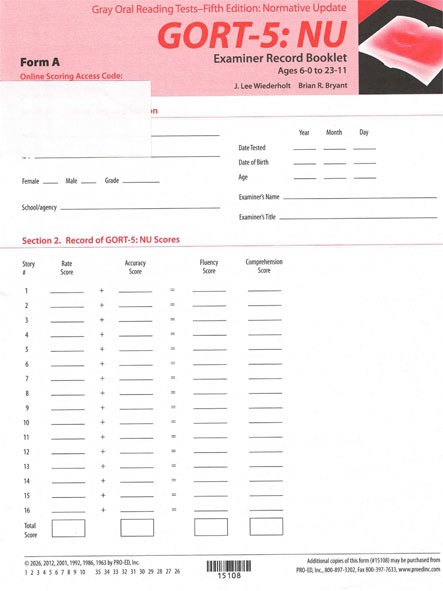 GORT-5: NU Examiner Record Booklets Form A(25) (image for) GORT-5: NU Examiner Record Booklets Form A(25)