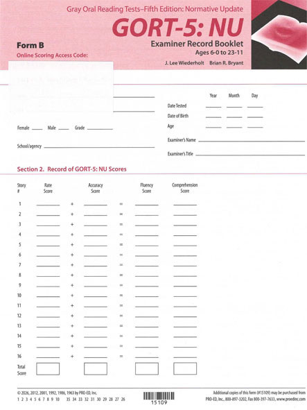 GORT-5: NU Examiner Record Booklets Form B (25) (image for) GORT-5: NU Examiner Record Booklets Form B (25)