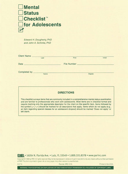 (image for) Mental Checklist for Adolescents (Pack of 25)