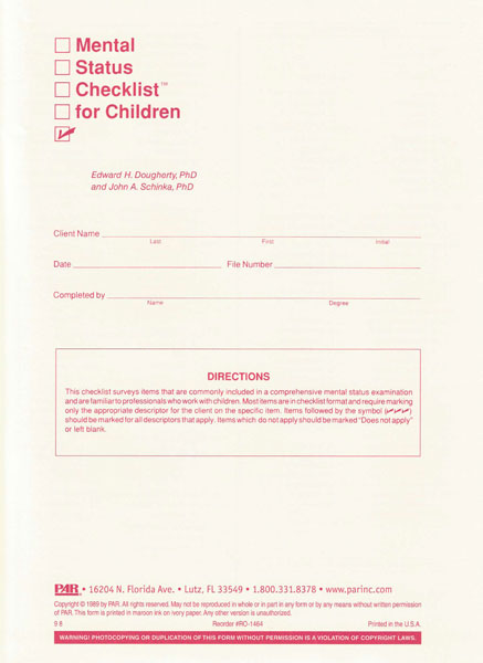 (image for) Mental Status Checklist for Children (pack of 25)
