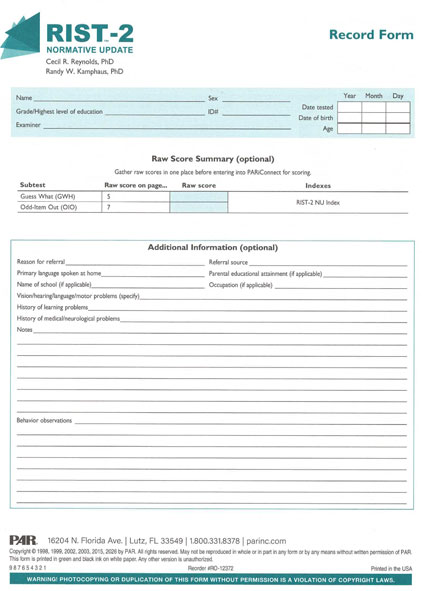RIST-2 NU Print Record Form (25) (image for) RIST-2 NU Print Record Form (25)