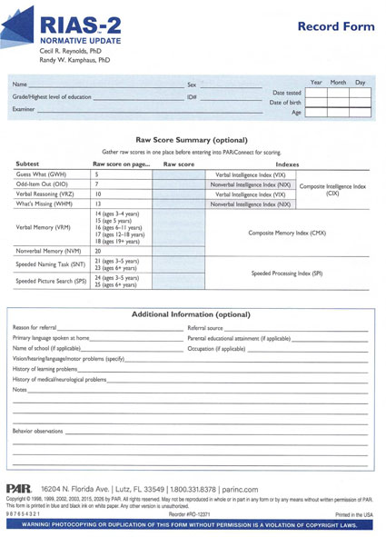 RIAS-2 NU Print Record Form (25) (image for) RIAS-2 NU Print Record Form (25)